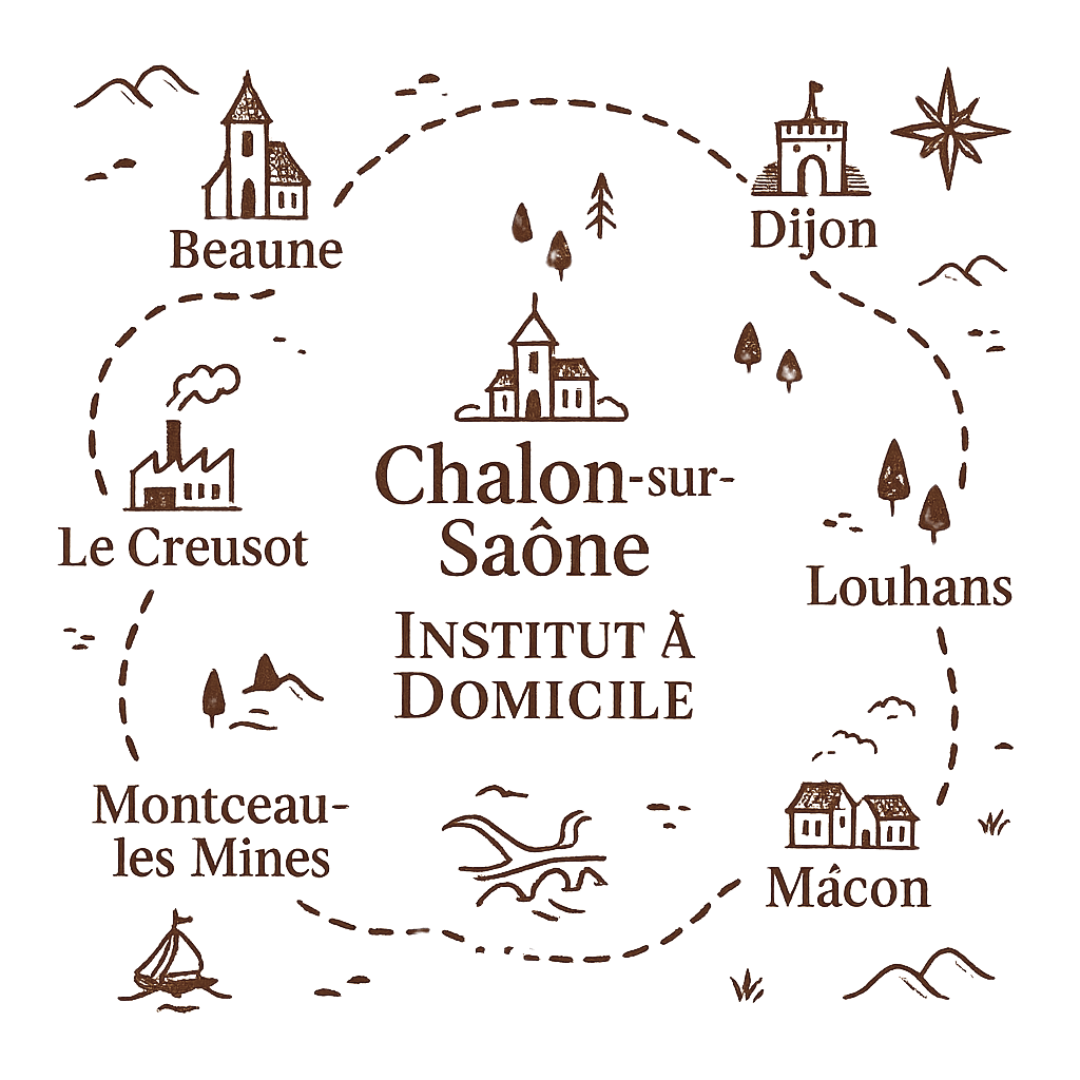 Carte Institut à Domicile Périmètre d'intervention Institut à Domicile : Chalon sur Saône, Beaune, Dijon, Mâcon
